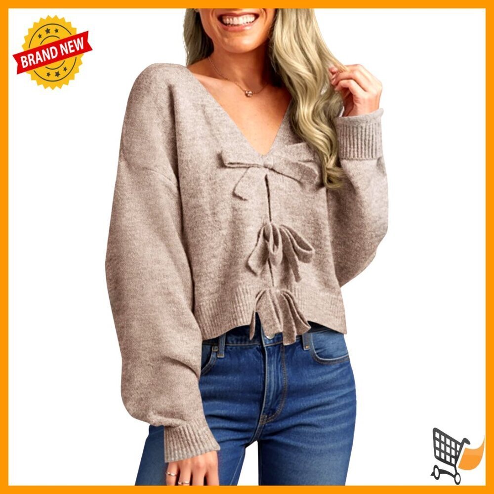 Cropped V-Neck Bow Sweater Long Sleeve Cozy Knit Loose Fit Trendy Pullover